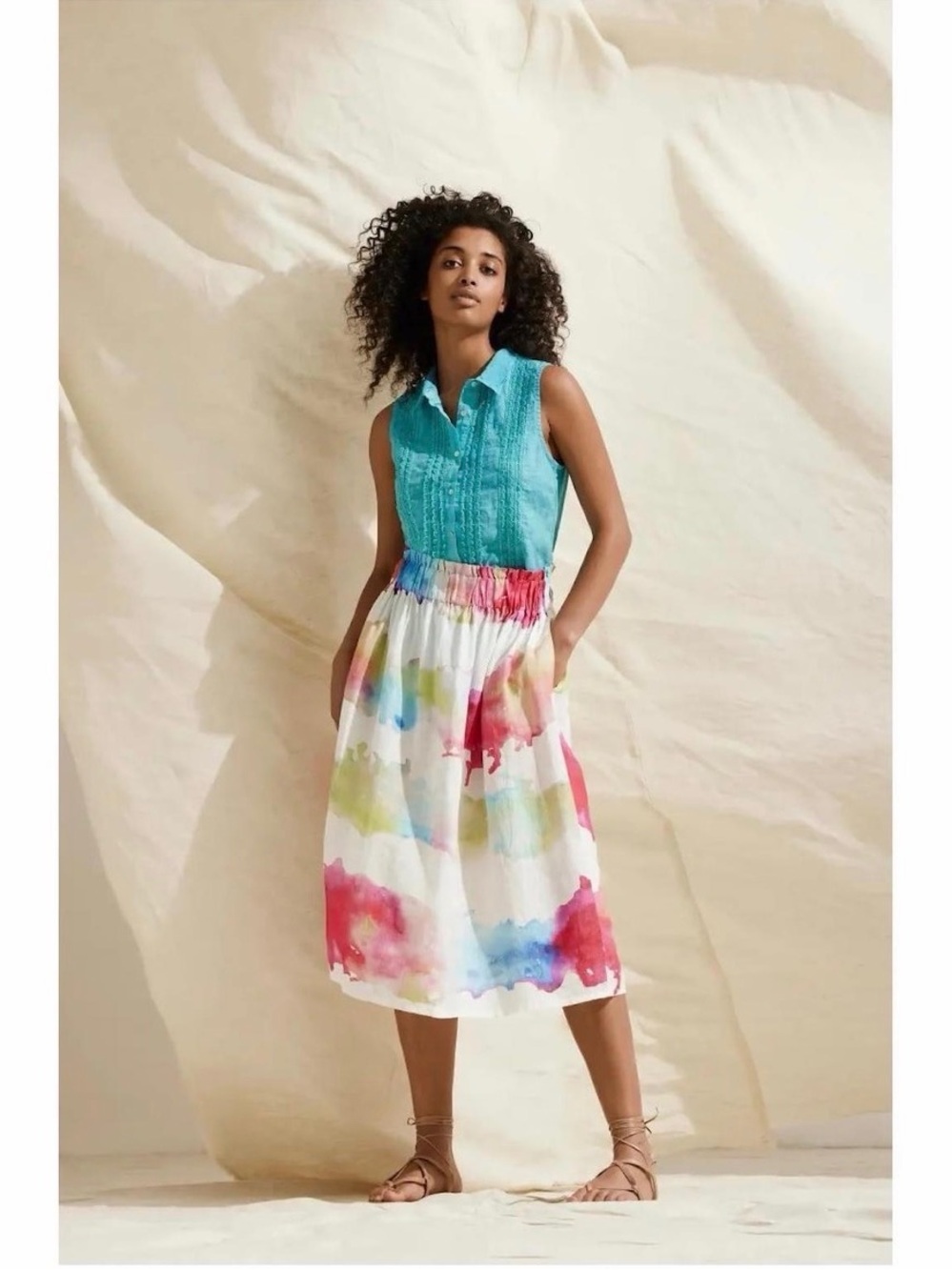 120% Lino Anthropologie Tie Dye Midi Skirt Linen Pockets Women’s size 8 EU 40